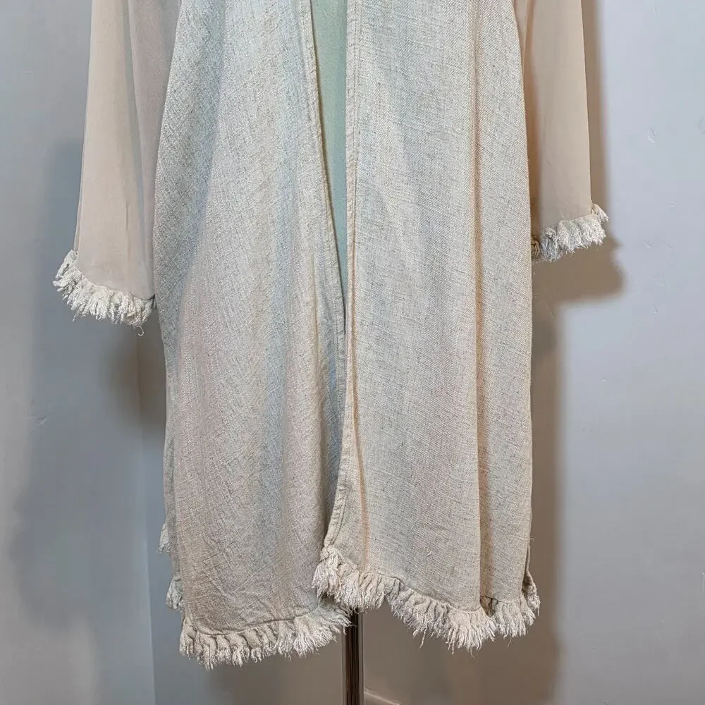 Umgee Beige Cotton Kimono Cardigan w/ Fringe Trim Open Front Boho Hippie Sz M/L - Picture 3 of 8